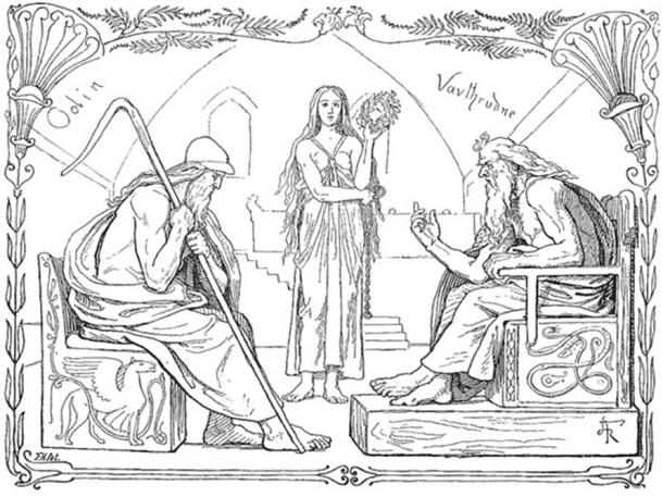 Odin and Vafþrúðnir battle in a game of knowledge by Lorenz Frølich, 1895. (Public Domain)