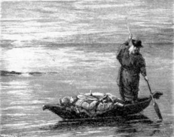 Odin with Sinfjötli's corpse. An illustration from the Völsungs Sage in Fredrik Sander's 1893 Swedish edition of the Poetic Edda. (Public Domain)