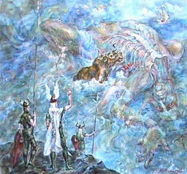 Goddess of the air Imatar. She gives birth to Väinämöinen, and old sage, whose prayers for a fertile populated earth are finally answered and the world is created. (Public Domain)