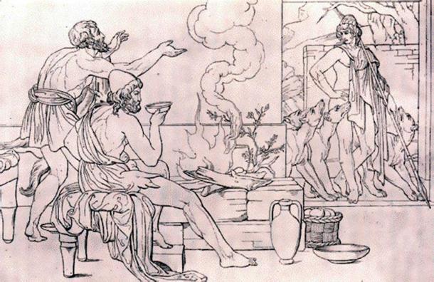 Odysseus sits by the fire as Eumaeus discovers Telemachus at the entrance of his hut. (Public Domain)