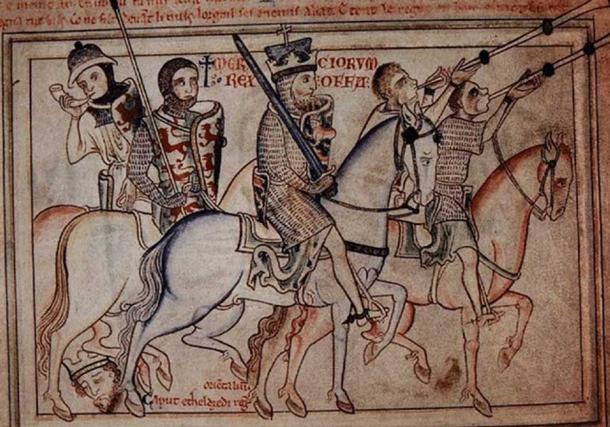 King Offa of Mercia (8th century) in procession on a moderately sized horse. Source: (Matthew Paris / Public Domain)