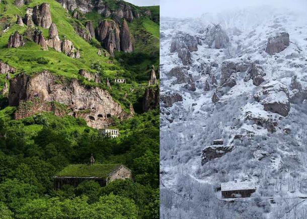 Left: Old Khndzoresk cave village. (Vahagn Grigoryan / CC BY-SA 4.0) Right: View of the Old Khndzoresk cave village during the winter. (Vahagn Grigoryan / CC BY-SA 4.0)
