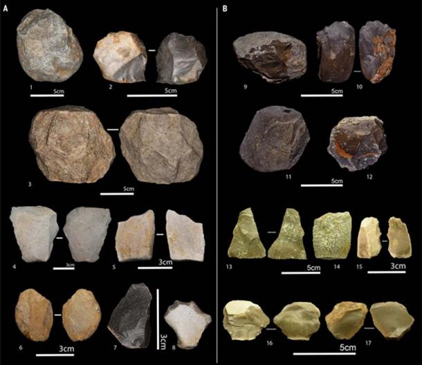 Oldowan artifacts, including unifacial cores on limestone (1 and 9); bifacial core made of limestone (10) and on flint (2); polyhedral cores on limestone (11 and 12); subspherical core on limestone (3); whole flakes on flint (7, 16, and 17) and on limestone (4, 5, 6, 13, and 14); and retouched pieces on flint (8 and 15). (Sahnouni, M. et al.)
