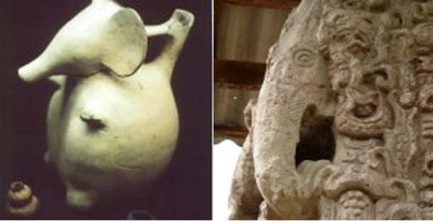 Cerámica olmeca (izquierda) - Crédito: Zecharia Sitchin.  Escultura maya (derecha) - Crédito: Robin Heyworth (Autor provisto)
