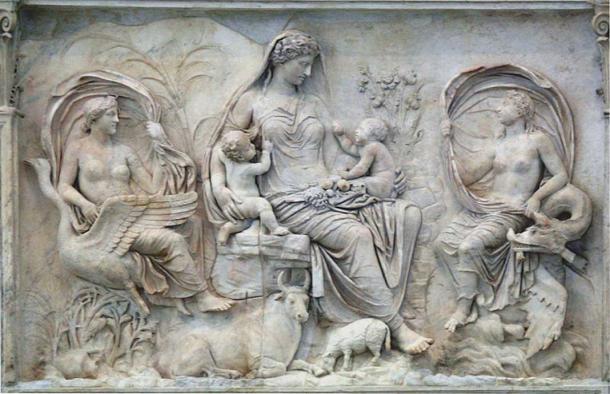 On the eastern side of Ara Pacis is a relief of Tellus Mater, the Roman earth-goddess. (Chris Nas/CC BY SA 4.0) Tellus is the Roman version of Gaea.