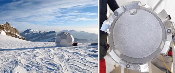 Отляво: площадката за сондажи за лед в Colle Gnifetti в Швейцария.  Вдясно: Част от леденото ядро, използвано за дешифриране на доказателства за климатичния катаклизъм от 536 г. (Никол Сполдинг / CC BY 4.0)