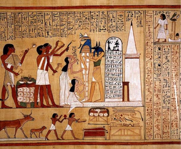 One of the many splendid vignettes from the Book of the Dead of Hunefer, a scribe from the 19th Dynasty (reign of Seti I). While Anubis supports the mummy of Hunefer, the sem priest who wears the leopard-skin garb (extreme left), along with two other priests, performs the “Opening of the Mouth” ritual. British Museum (public domain).