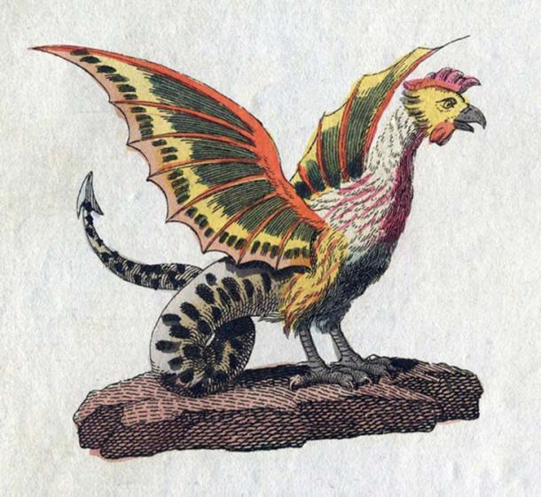 One variation of the basilisk’s appearance includes the head, wings, and legs of a rooster. (Public Domain)