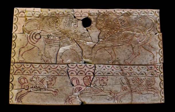 One of the most striking artifacts featured two griffons, winged lions with human faces. (Yoli Schwartz / Israel Antiquities Authority)