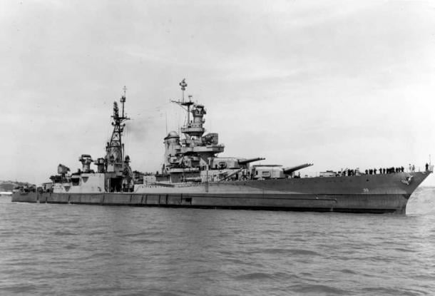 One of the final photos of the USS Indianapolis from July 1945, shortly before it was sunk by a Japanese attack (Public Domain)