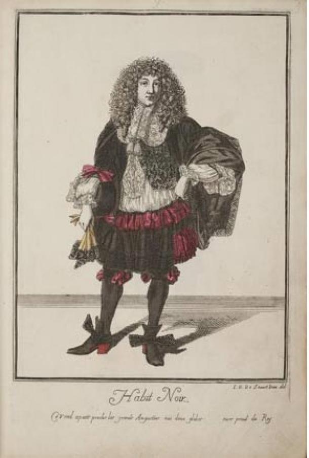 Jean Dieu de Saint-Jean, Habit Noir (evening wear), etching c. 1670. A print collected by Samuel Pepys showing a fashionable elite Frenchman proudly wearing lace cuffs and ribbons. (Reproduced by permission of the Pepys Library, Magdalene College Cambridge)