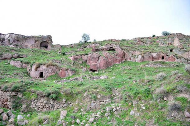 Openings to Belağası Underground City in Gesi district, Kayseri Province, Turkey.