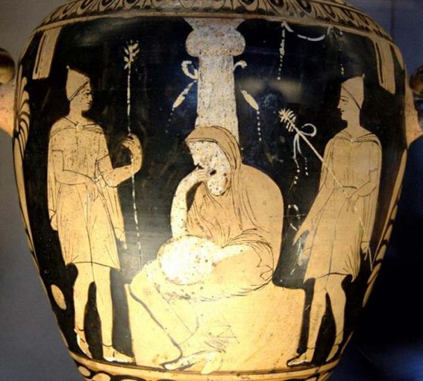 Orestes, Pylades and Electre at the tomb of Agamemnon. Campanian red-figure hydria, ca. 330 BC. (Public Domain)