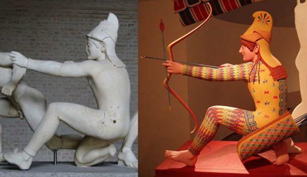 Right: Original Trojan archer (so called “Paris”), figure W-XI of the west pediment of the Temple of Aphaia, ca. 505–500 BC.(Public Domain). Right: Polychrome reconstitution from the exhibition Bunte Götter.