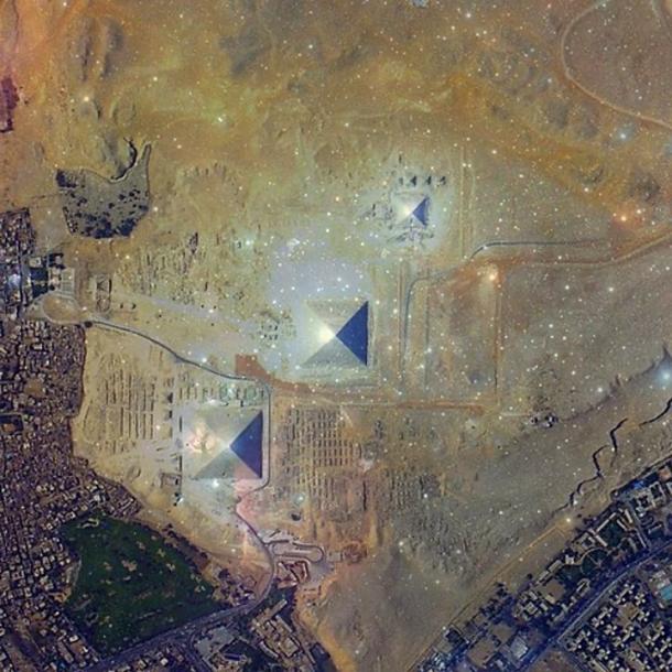 Orion's Belt superimposed on the Giza pyramid complex, illustrating the Orion Correlation Theory. From left to right: Alnitak on the Great Pyramid of Giza. Alnilam on the pyramid of Khafre. Mintaka on the pyramid of Menkaure.