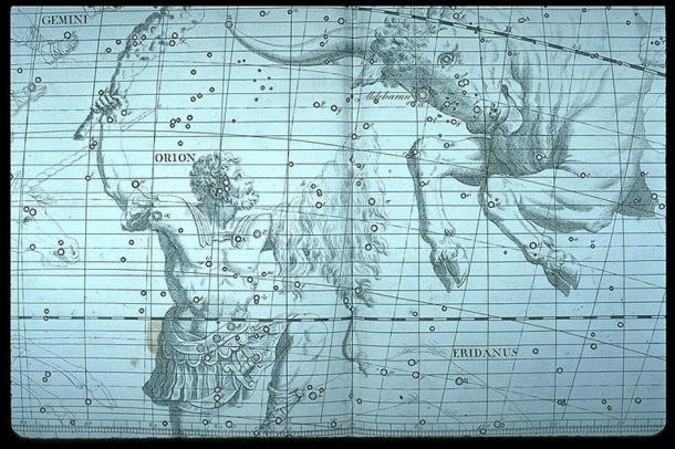 Orion the Hunter, battling with Taurus the bull. In this 19th century depiction, the axe has become a club and the bow has become the skin of the Nemean lion. Thus Orion is also being associated here with Hercules.