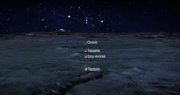 Orion's belt rising vertically in the night sky aligned with the landmarks and structures. (Mystery of the Mountain / Groberg Films)