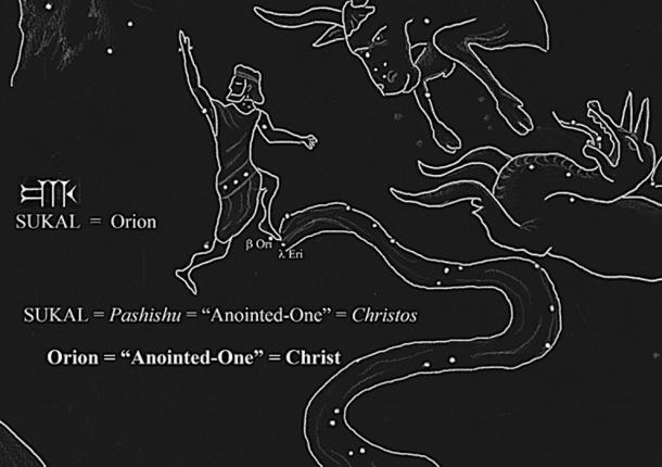 Orion’s cuneiform epithet, SUKAL, rendered “Anointed-One”, the cuneiform equivalent to the Greek Christos. (sketch: Ashely McCurdy)