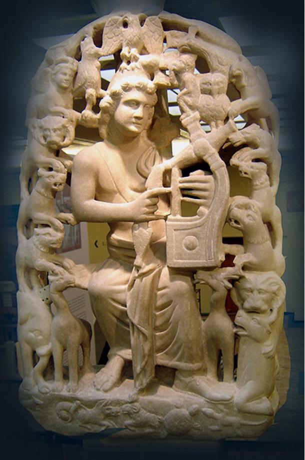 Orpheus with the lyre and surrounded by beasts. Byzantine & Christian Museum.
