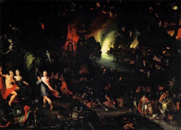 Orfeo en el inframundo, de la historia de Orfeo visitando a Plutón, también conocido como Hades, el dios del inframundo para traer de vuelta a su esposa Eurídice. Pintura de Jan Brueghel el Viejo. (Dominio publico)