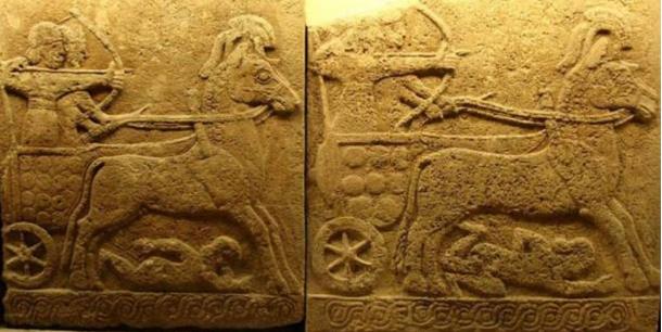 Orthostat relief in basalt; battle chariot, Carchemish, 9th century BC; Late Hittite style with Assyrian influence.