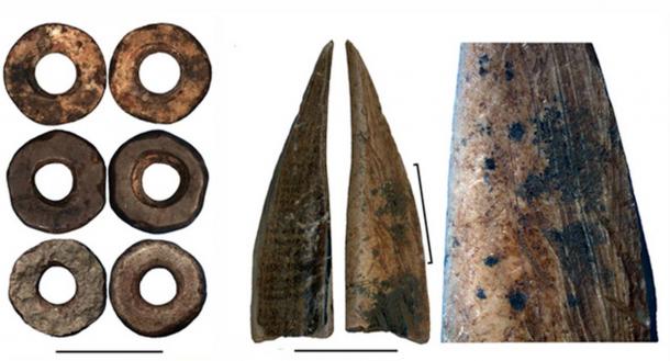 Ostrich eggshell beads; bone tool; close-up of the bone tool showing traces of scraping. (from left to right). Credit: Francesco D'Errico and Africa Pitarch