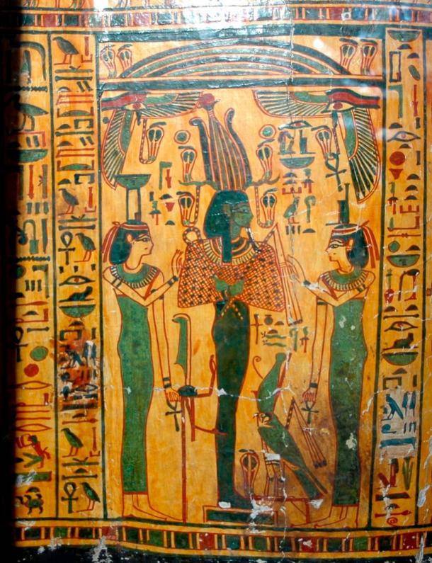 Outer coffin of Taywheryt depicting Osiris, Isis, and Nephthys