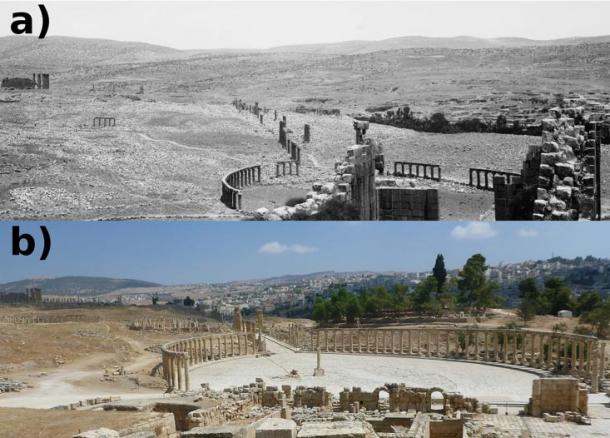 Views over the Oval Piazza at Jerash from 1898 (Image courtesy of Library of Congress, Prints & Photographs Division, LC-DIG-matpc-04523) (A) and 2015 (Danish-German Jerash Northwest Quarter Excavation Project) (B). Note the extensive clearance of rubble, construction of tracks, and reconstruction of ruins in foreground and expansive urbanization in background in B.