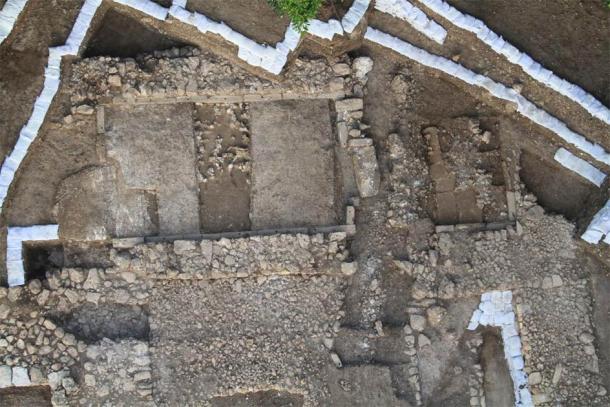 Overhead view of Orthostat building with trench through it at right. (Timothy Pierce)