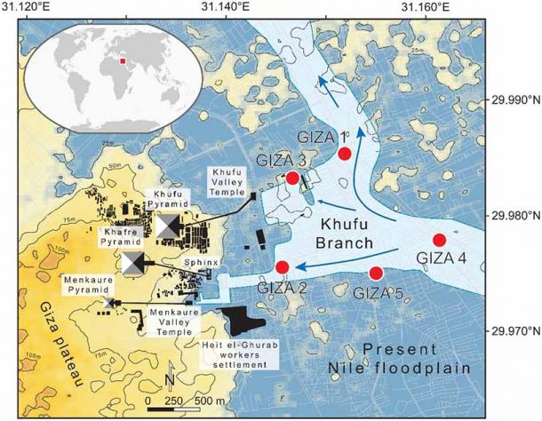 The recent PNAS study on the Giza pyramid builders relied on Giza floodplain pollen cores to show ancient water or canal water levels. The two cores used to reconstruct Holocene variations in Khufu-branch levels (cores G1 and G4) are located where the Khufu basin was connected to the Nile. (PNAS)