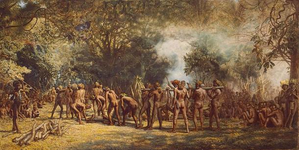 Painted by Charles E. Gordon Frazer (1863-1899), ‘A cannibal feast on Tanna, Vanuatu, New Hebrides’, c. 1885–1889. (Public Domain)