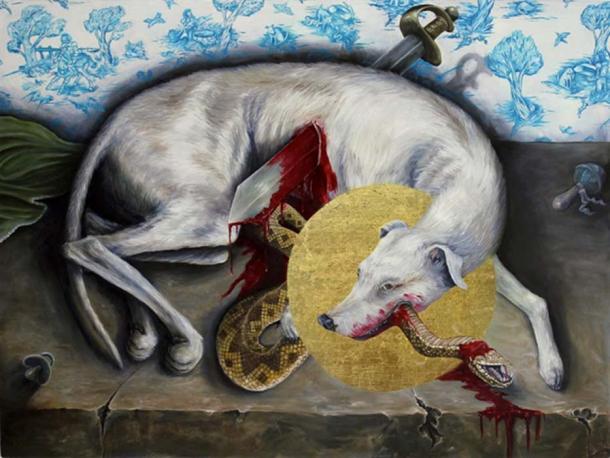 Painting of Guinefort and the snake. 