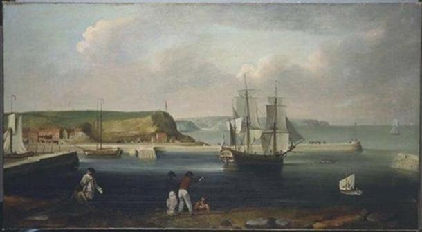 Painting of the Earl of Pembroke, later HMS Endeavour, leaving Whitby Harbour in 1768 by Thomas Luny (Public Domain)