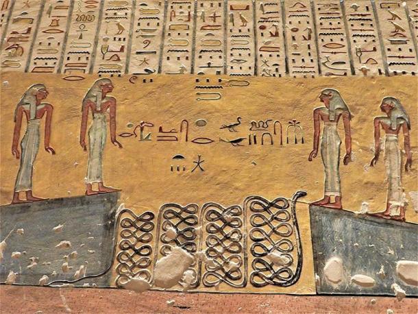 Painting of the Amduat, 5th Hour, Tomb of Ramses IV (KV-2), showing the water parted into two walls. (Egypt Museum)