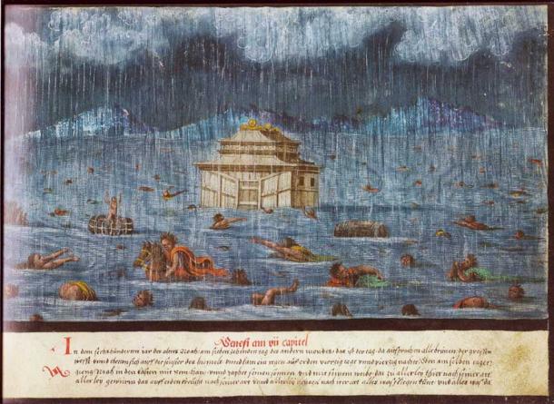 Lukisan Banjir Besar seperti yang diceritakan dalam Genesis.  Augsburger Wunderzeichenbuch, Folio 1 (Kejadian 7, 11-14).  (Area publik)