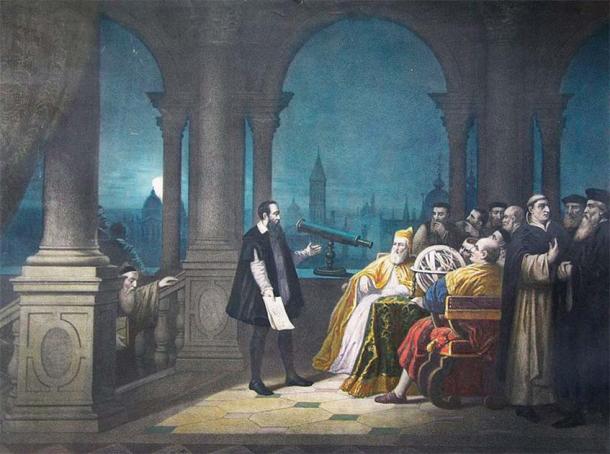 Painting showing Galileo Galilei displaying his telescope to State and Church authorities. (Public Domain)