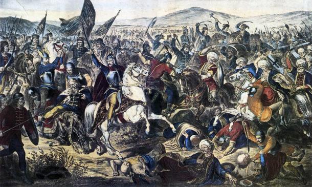 Painting of the Battle of Kosovo, dated 1870, which led to genocides of the Serbs by the Ottomans. Prince Lazar of the Serbian Empire is seen dying with his horse. (Adam Stefanović / Public domain)