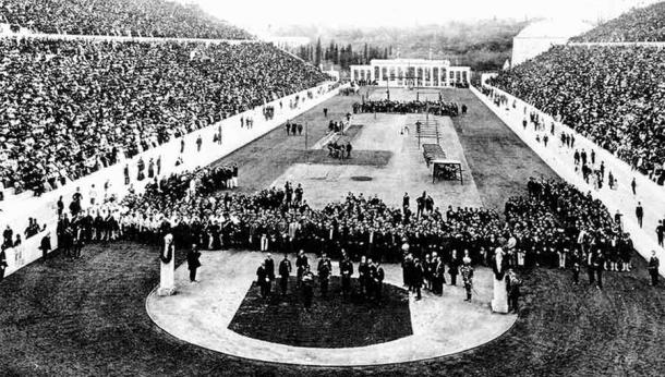 The Panathenaic Stadium during the opening ceremony of the 1896 Summer Olympics. (Public domain)