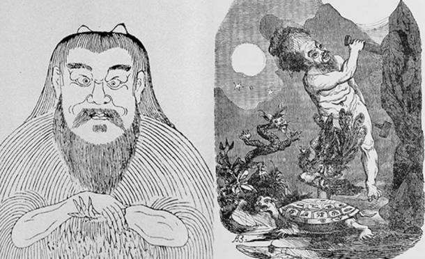 Pangu, mythical creator of the world [left], chisels out the universe [right] (Public Domain)