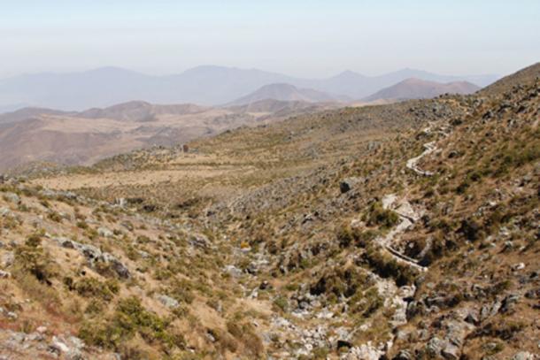 Panoramic view of a diversion canal as part of the pre-Inca infiltration system during the wet season. Canals like this divert water during the wet season to zones oh high permeability. Water is stored in the soils and becomes available during the dry season. The city of Lima would be located downstream in the horizon background. Credits: Sam Grainger, Imperial College London, 2015.
