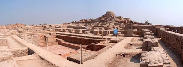Panoramic view of the stupa mound and great bath at Mohenjo Daro.
