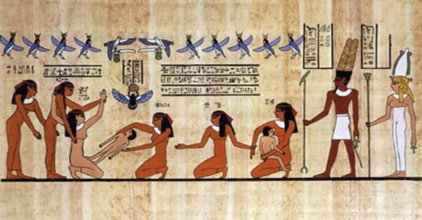 Papyrus depiction of a woman giving birth, helped by other women and the gods. (African Progressive)