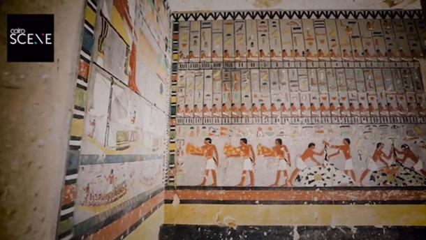 Brightly painted walls in the 4300-Year-Old Tomb discovered in Egypt. Credit: Screenshot from Ministry of Antiquities video
