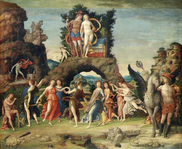 Fifteenth century painting “Parnassus” with the Muses below Mars and Venus, by Andrea Mantenga 