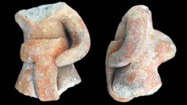 Partial ballgame player figurines such as this (shown from the front and side) were unearthed at a mountain site in southern Mexico. (J. Blomster / George Washington University)