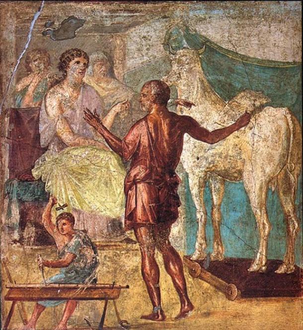 Pasiphae, Daedalus y la vaca de madera. Fresco romano de la pared norte del triclinium en la Casa dei Vettii (VI 15,1) en Pompeya. (Dominio publico)