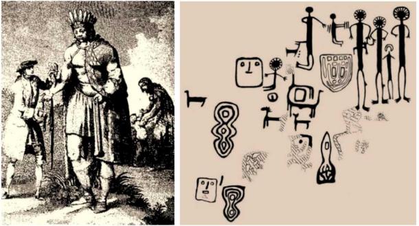 Left: An 18th century engraving of a Patagonian giant with his family. Note the similarity with the petroglyphic representations of the Viracochas or Chiles. Right: A petroglyph group in Atacama, in the north of Chile, with the representation of the Viracochas –the tallest anthropomorphic figures with a kind of halo around their heads– along with men and animals. (Author Provided)