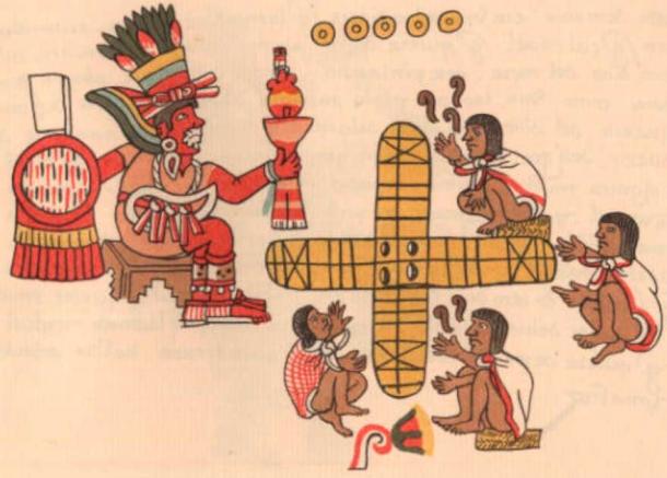 Juego de Patolli vigilado por Macuilxochitl (nombre alternativo de Xōchipilli) como se ilustra en la página 48 del Codex Magliabechiano (dominio público)