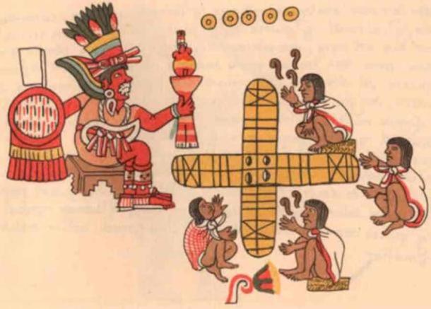 Patolli game being watched by god Macuilxochitl as depicted on page 048 of the Codex Magliabechiano (Public Domain)