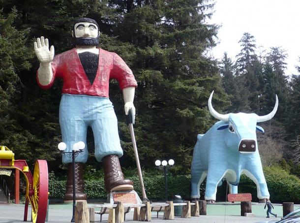 Paul Bunyan and Babe the blue ox, concrete folk art at Trees of Mystery attraction in Klamath, south of Crescent City, California.